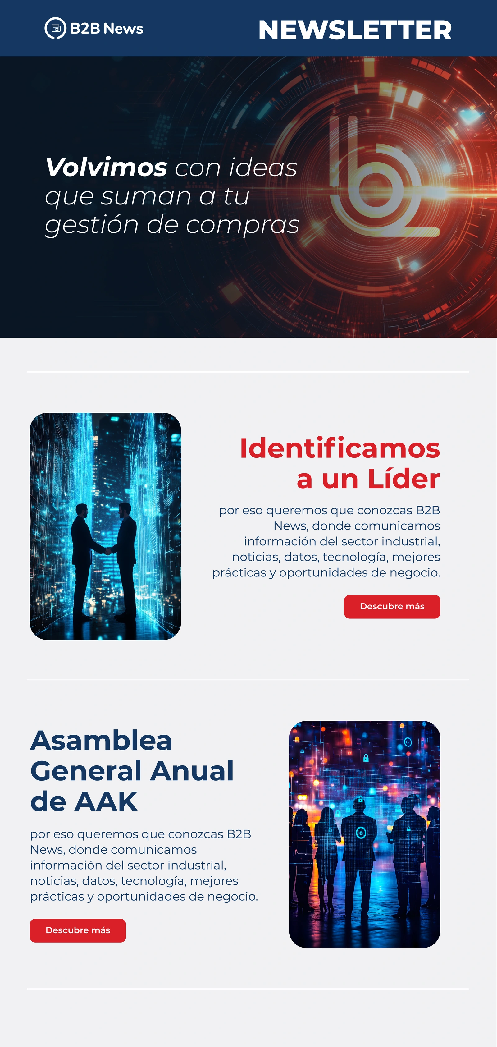 Vertical B2B News newsletter proposal with a blue header, technology imagery and content sections.