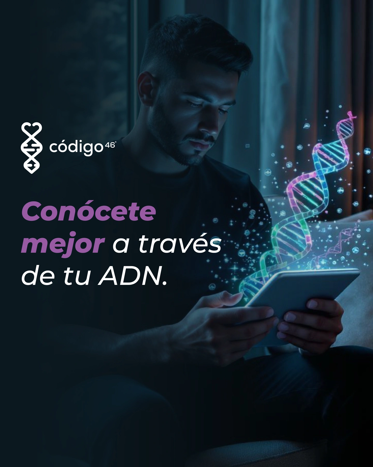 Pieza de Código 46 que conecta genética, bienestar y comunicación visual.