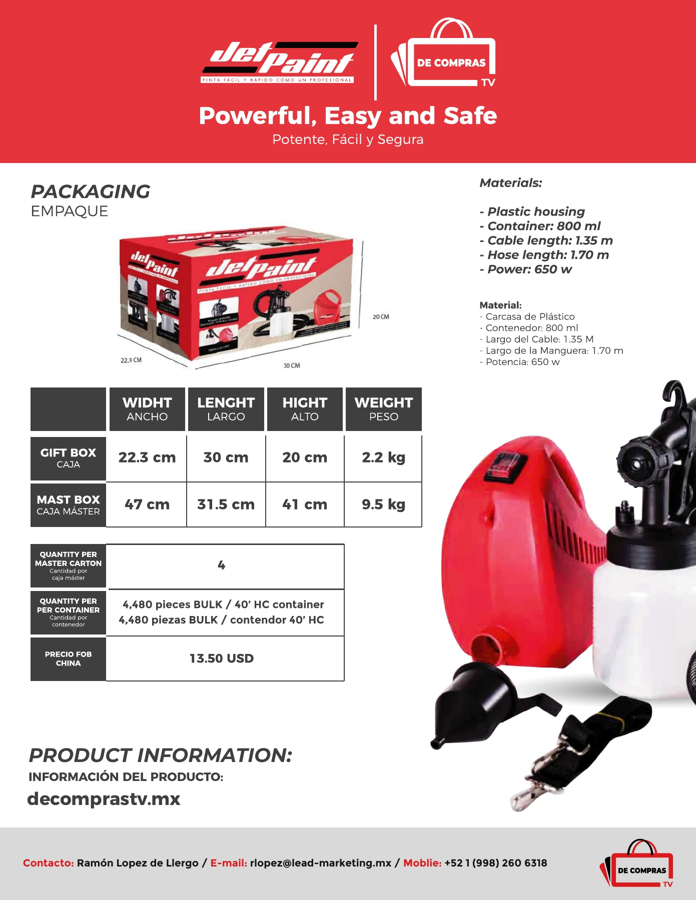 JetPaint packaging sheet for De Compras TV with a box, paint equipment, accessories and a dimensions table under a red header.