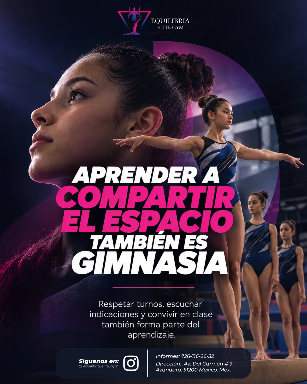 Equilibria poster about sharing training space, with gymnasts and white and magenta typography.