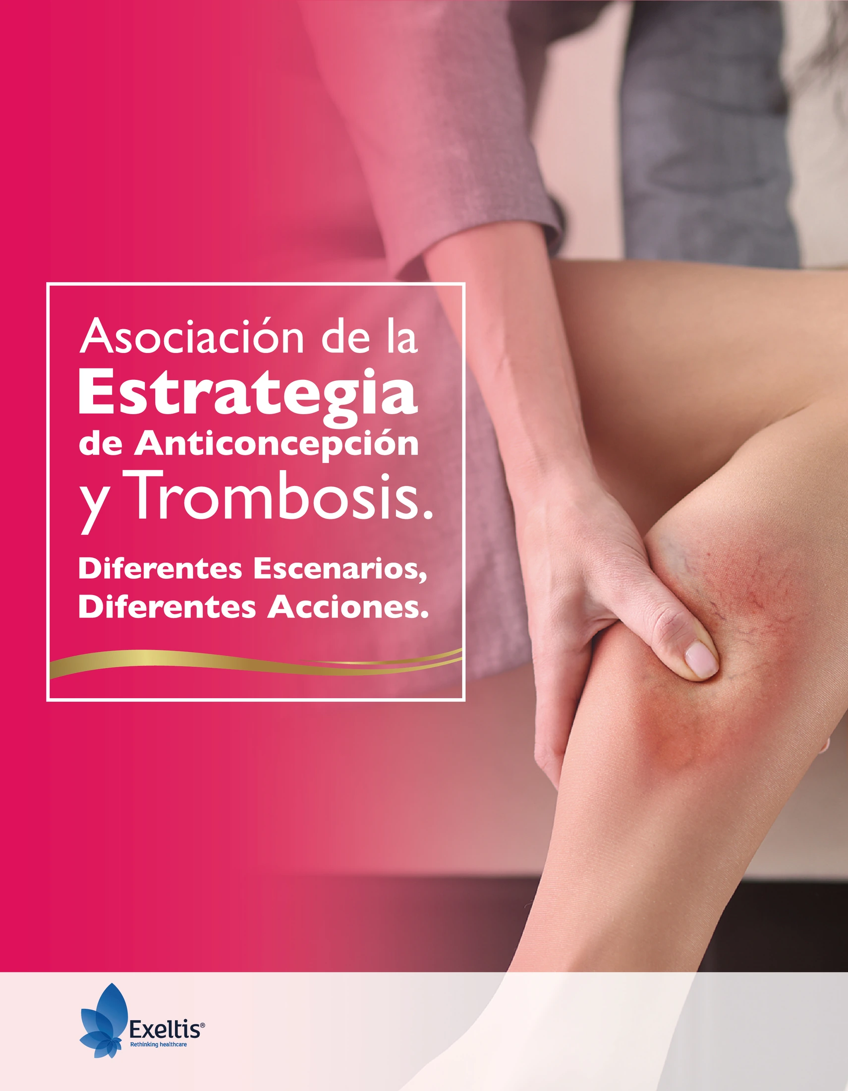 Exeltis editorial cover about contraception and thrombosis, with white type on magenta and a photograph of a leg.