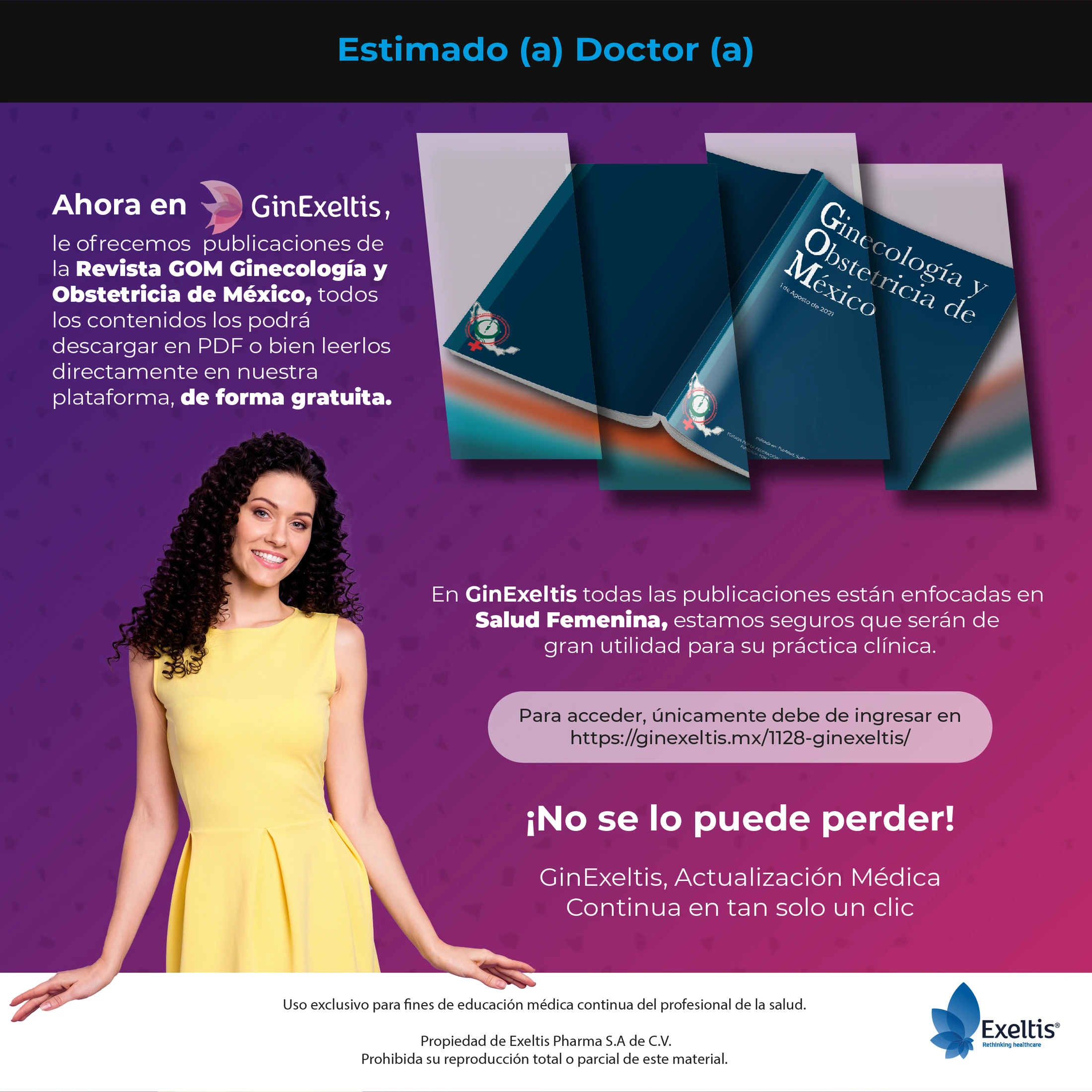 GinExeltis communication about access to GOM magazine, featuring publication covers and a figure against a purple background.