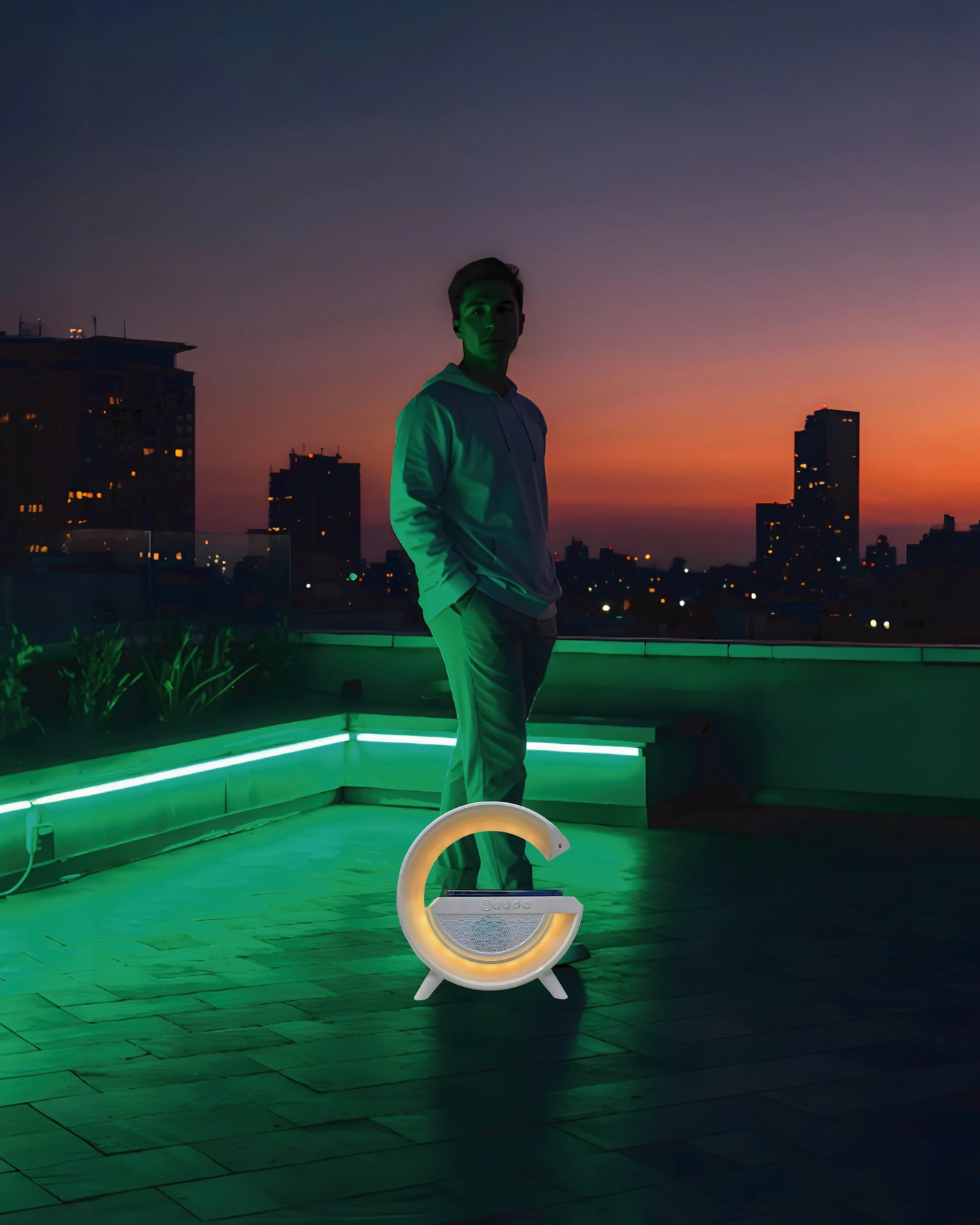 Campaña de Highlink Lámpara G en una terraza nocturna.