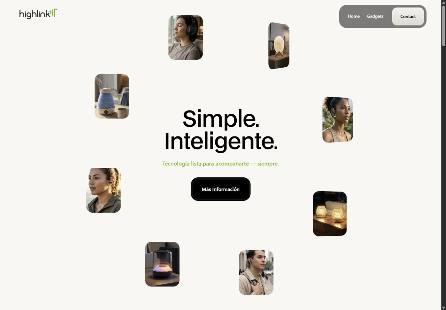 Captura real del inicio de Highlink en escritorio, con el título Simple. Inteligente. y fotografías de productos y personas.