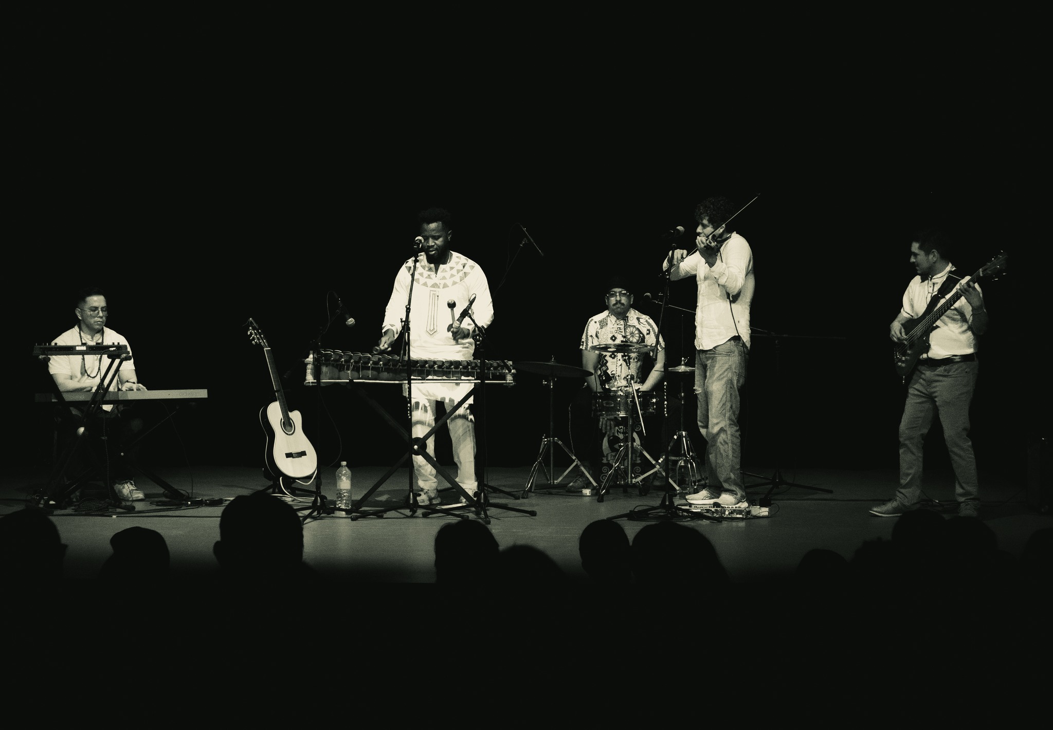 Yadi Camara toca el balafón acompañado por músicos en un escenario de fondo oscuro.
